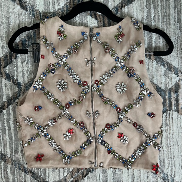 🍉Alice + Olivia Kesten Embellished Cropped Top Beige Red Stones RARE - Picture 5 of 12